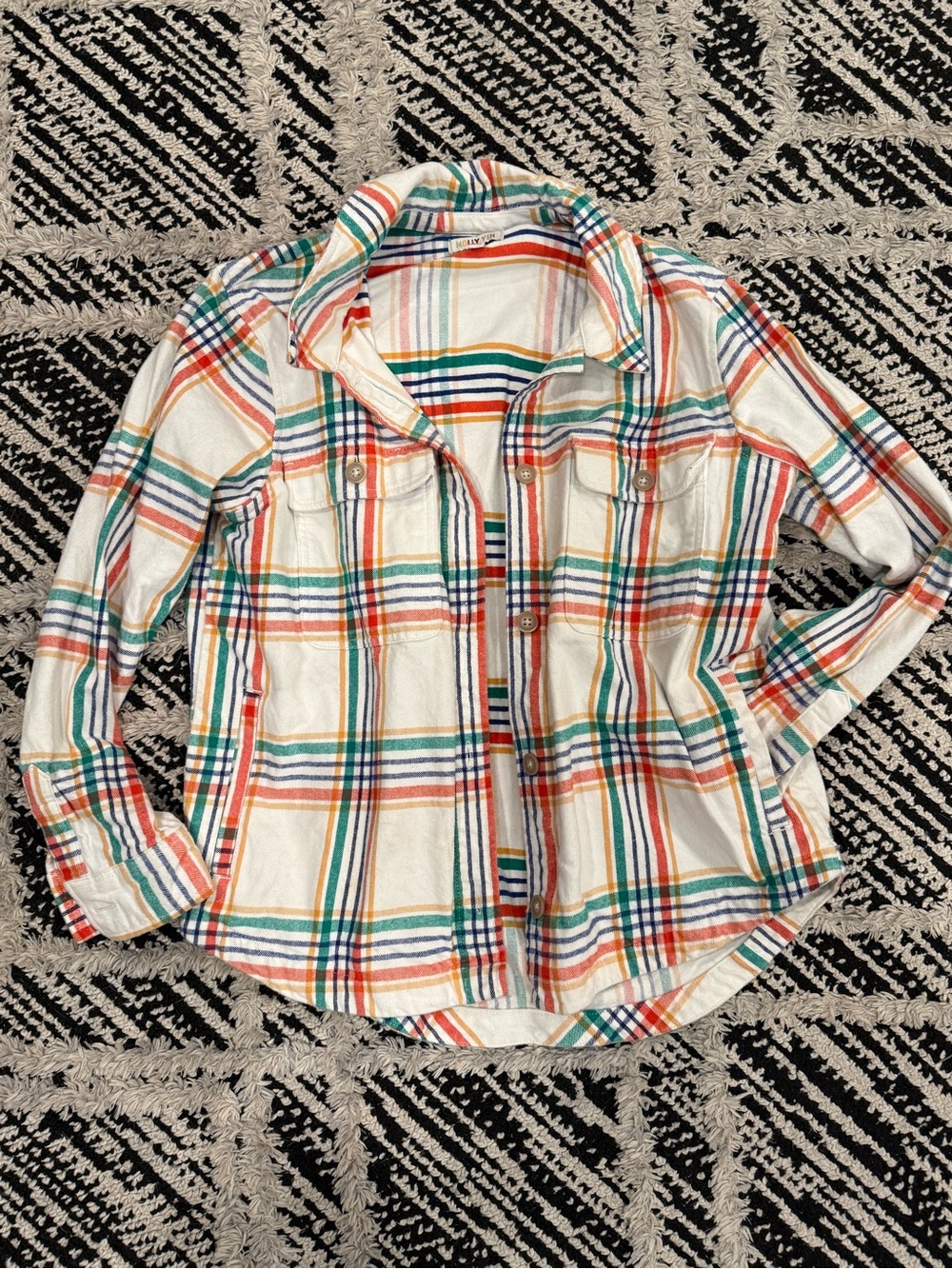 Women's White Plaid Button-Down Shirt Jacket with Multicolor Stripes